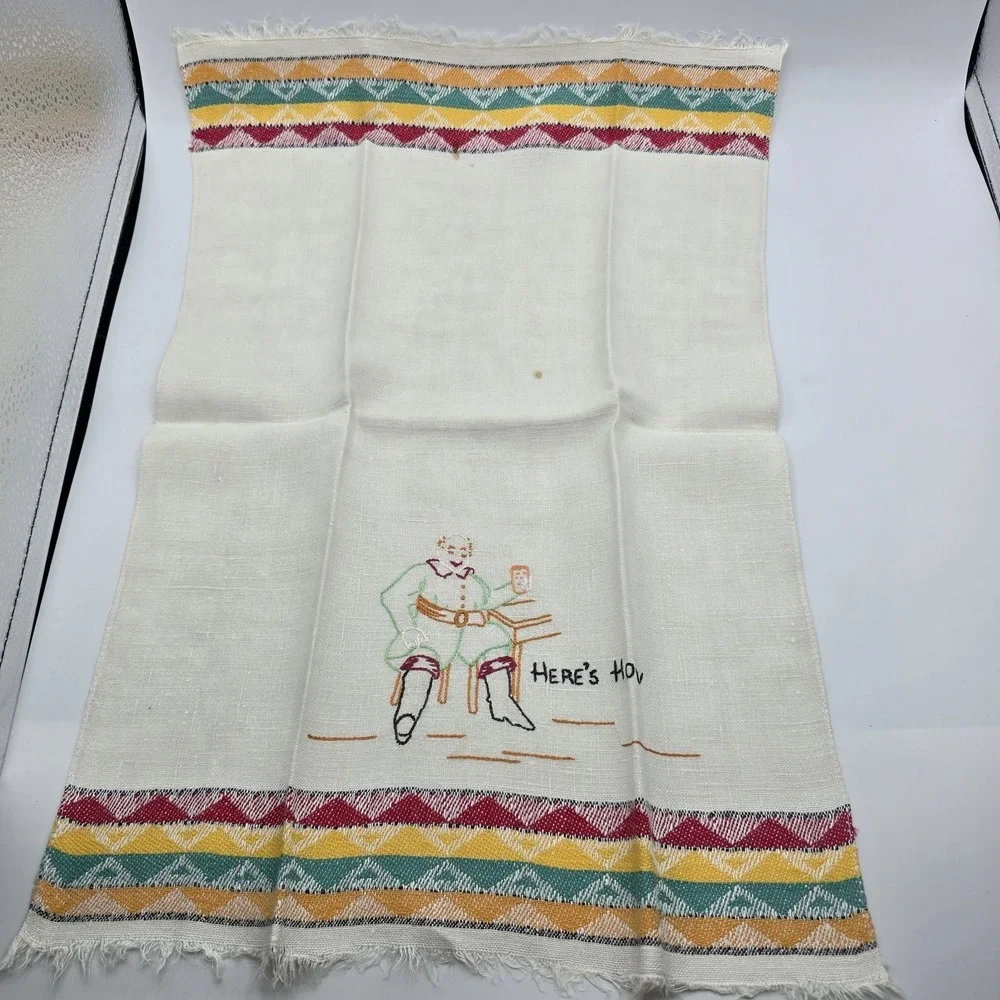 Vintage Embroidered Hand Tea Towel Cottagecore Here's‎ How Man Drinking